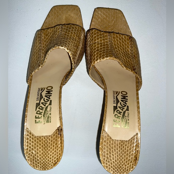 Salvatore Ferragamo tan Snake Skin-Leather slide on Heels - Picture 4 of 8